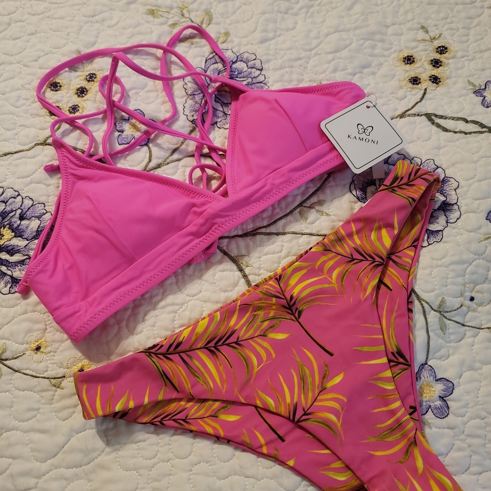 Pink and Yellow Leaf Print Bikini Set
